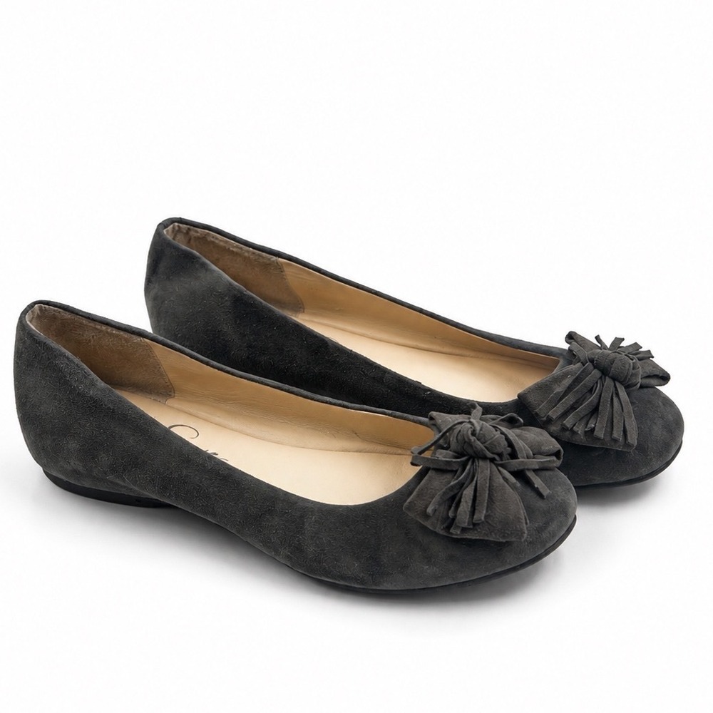 Jessica Simpson Grey Suede Fringe Tassel Bow Ballet Work Flats Women's Size 9M